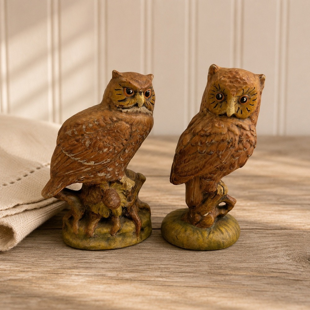 Lefton House Finch KW4206 Owl Bird Figurine Pair Vintage Brown Ceramic Decor